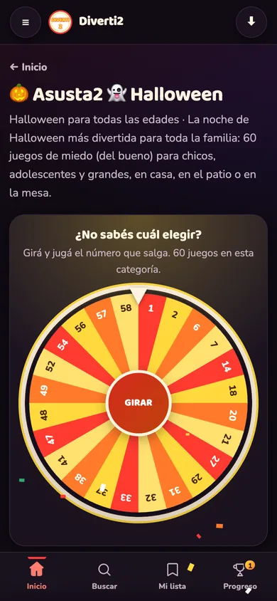 Asusta2 dentro de la app: la ruleta para elegir entre los 60 juegos