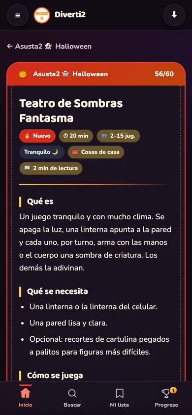 Un juego de Asusta2 abierto en la app, con jugadores, duración y materiales