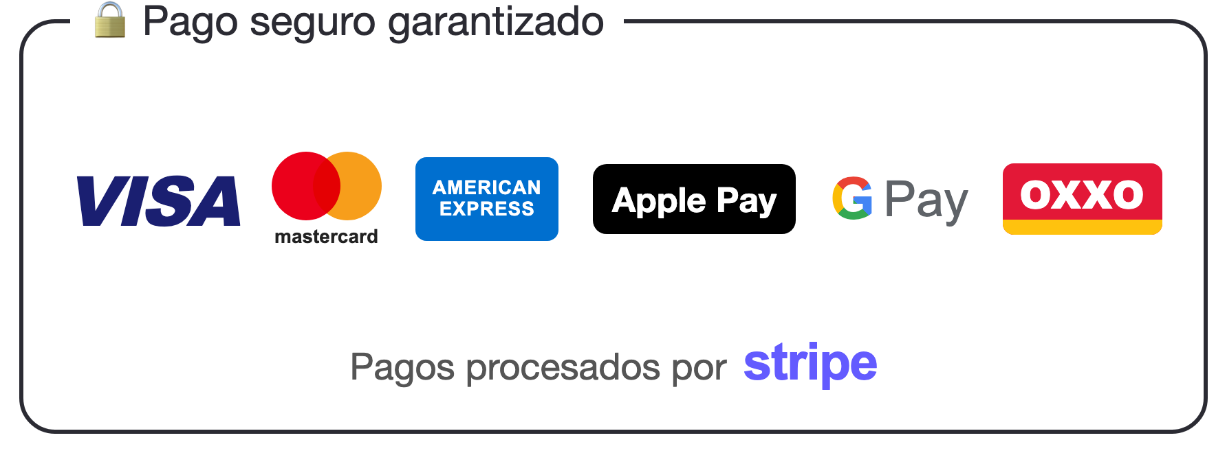 Medios de pago: Visa, Mastercard, American Express, Apple Pay, Google Pay y OXXO